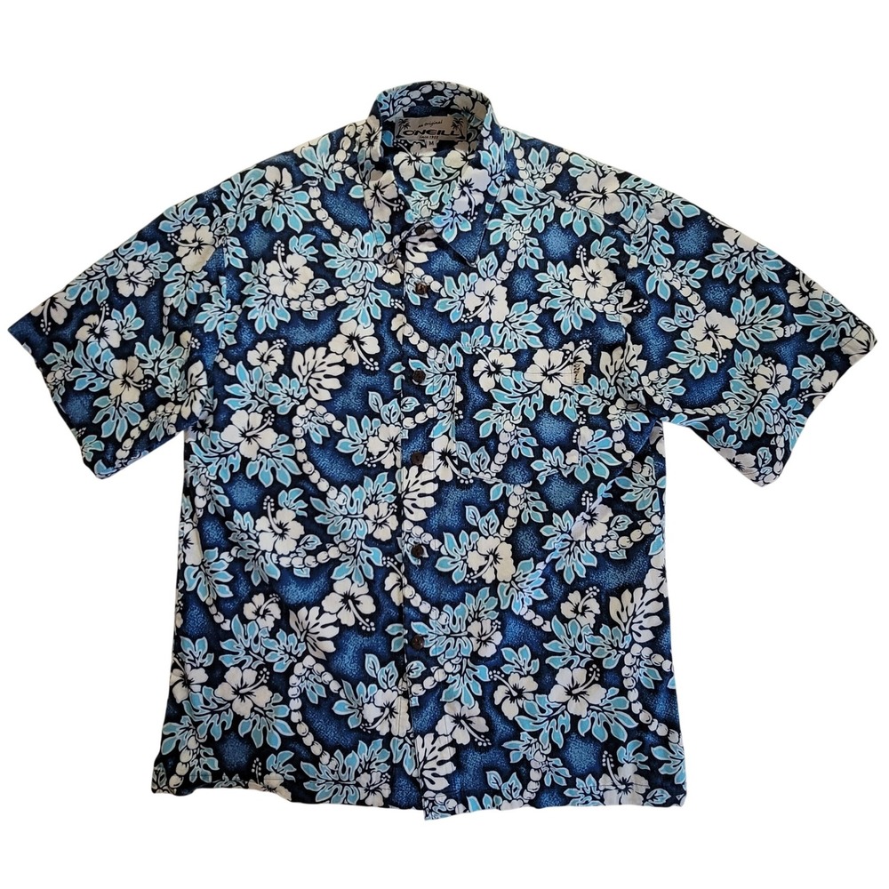 O'Neill Hawaiian Shirt Mens Medium Blue Hibiscus Floral Cotton Made in USA